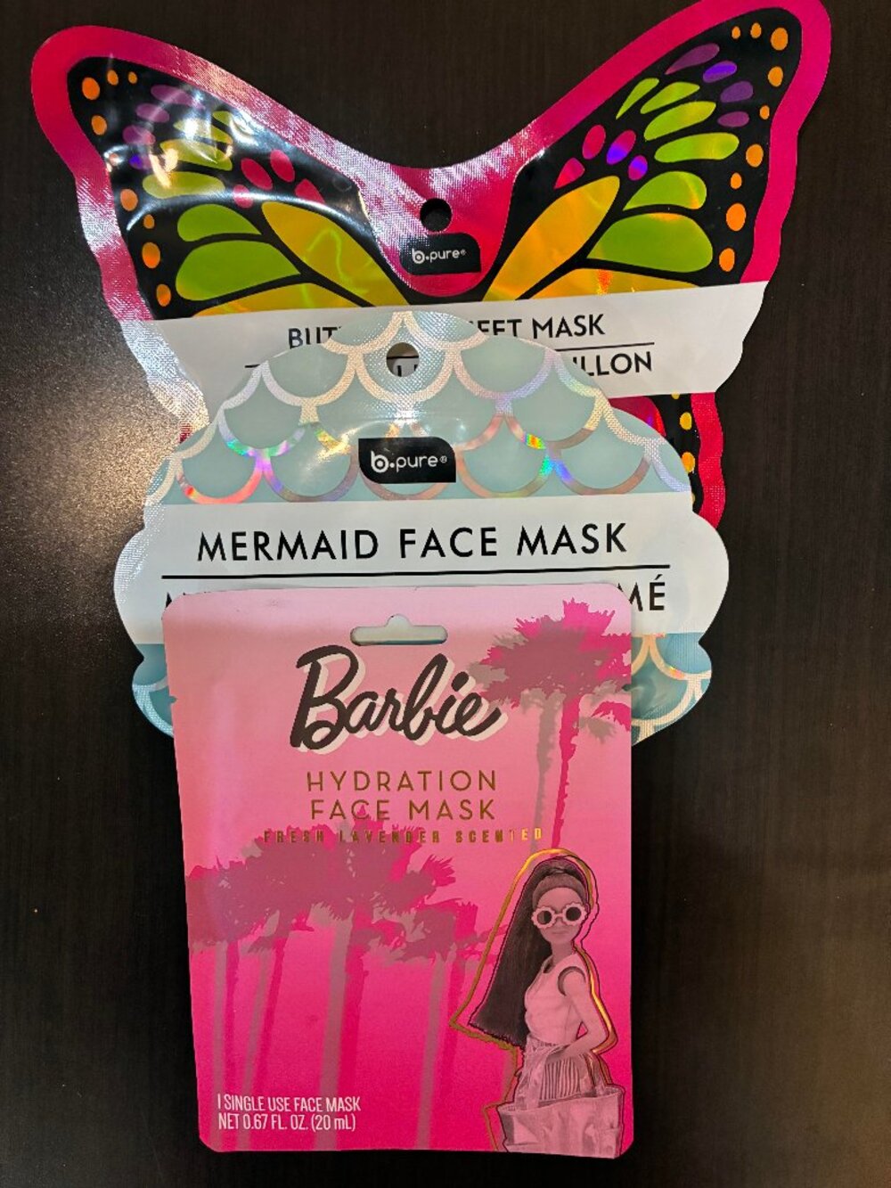 Bundle of three face masks Barbie, Mermaid, and Butterfly hydrating sheet masks